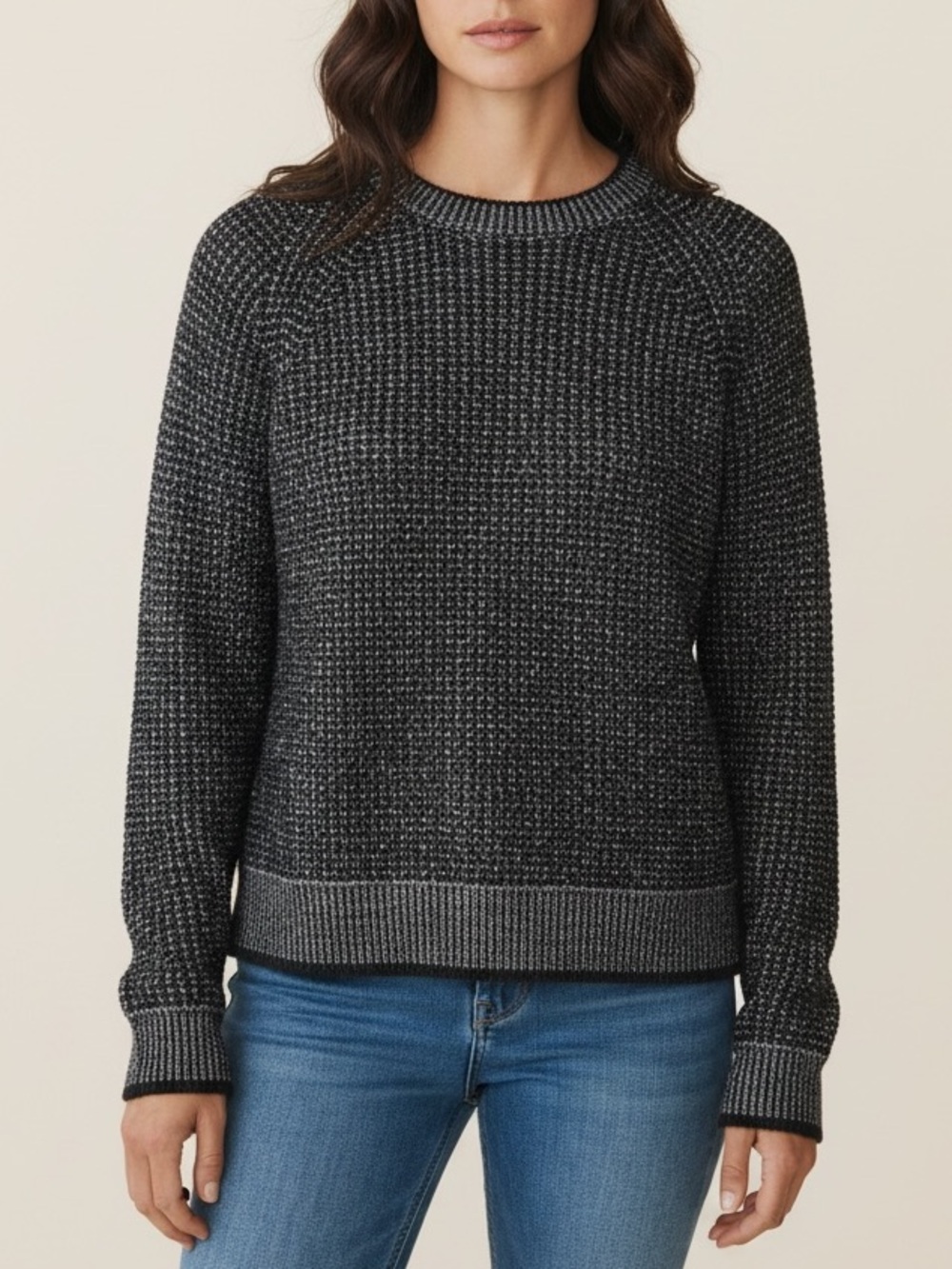 White + Warren Long Sleeve Waffle 100% Cashmere Crew Sweater Gray Black Medium